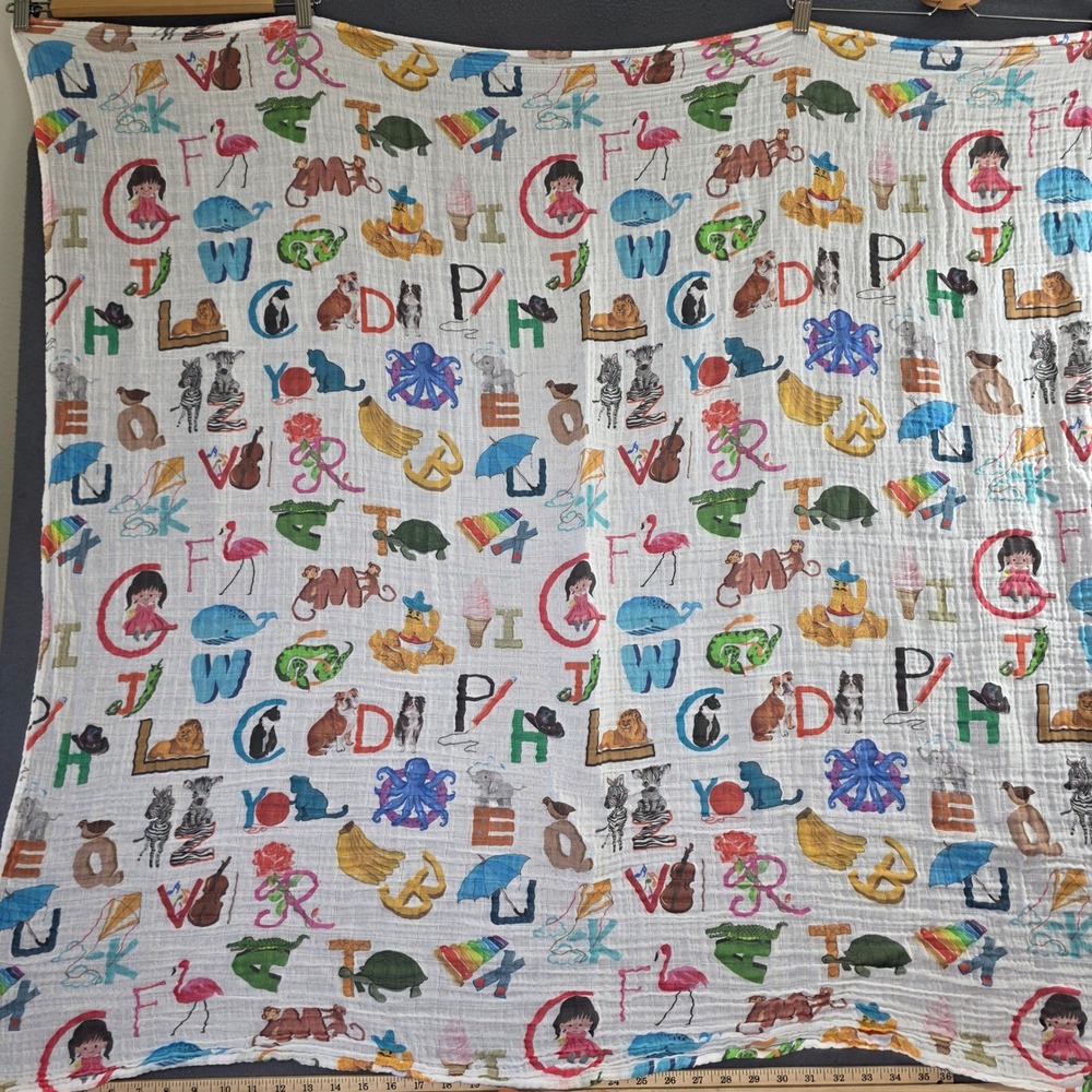 LollyBanks Animal Alphabet Muslin Swaddle Blanket White Cotton 40" Square
